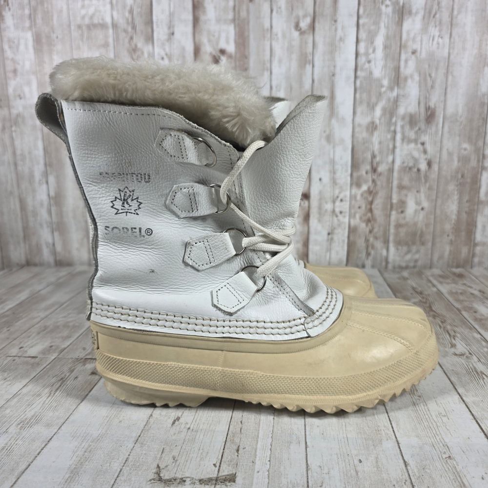Sorel Manitou White Leather‎ Snow Boots Womens 7 Made in Canada Duck Boots Fur